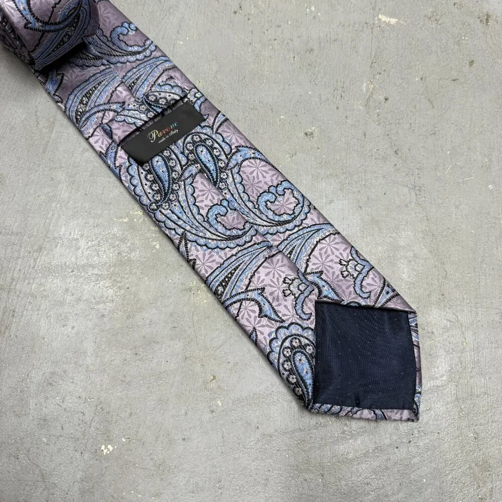 Pavone Paisley Tie 100% Silk Made in Italy Textured Puple/Blue 3.5" - Picture 4 of 8